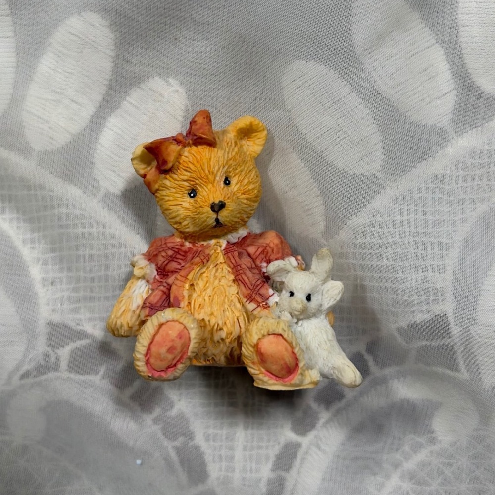 Cottage Core Teddy Bear Figurine with Bunny Pink Plaid Dress 2 Inch